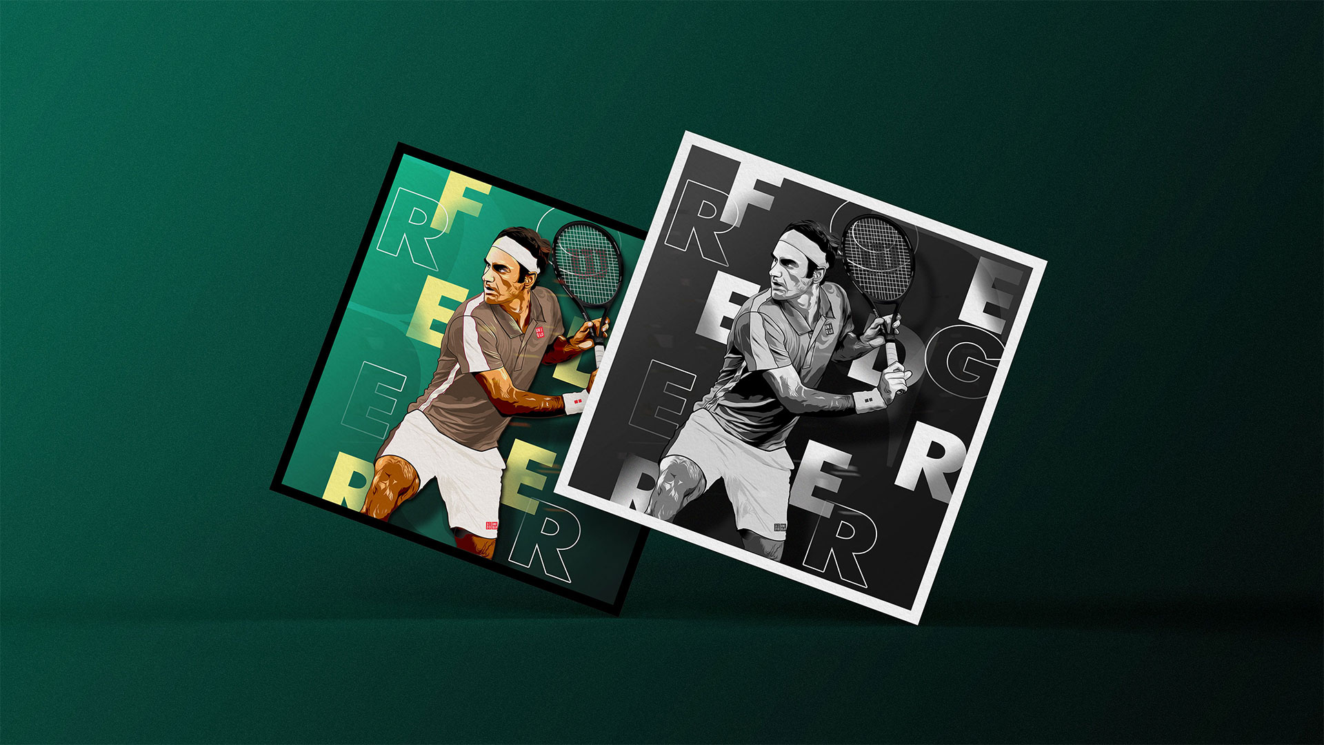 Illustration Roger Federer couler et nb